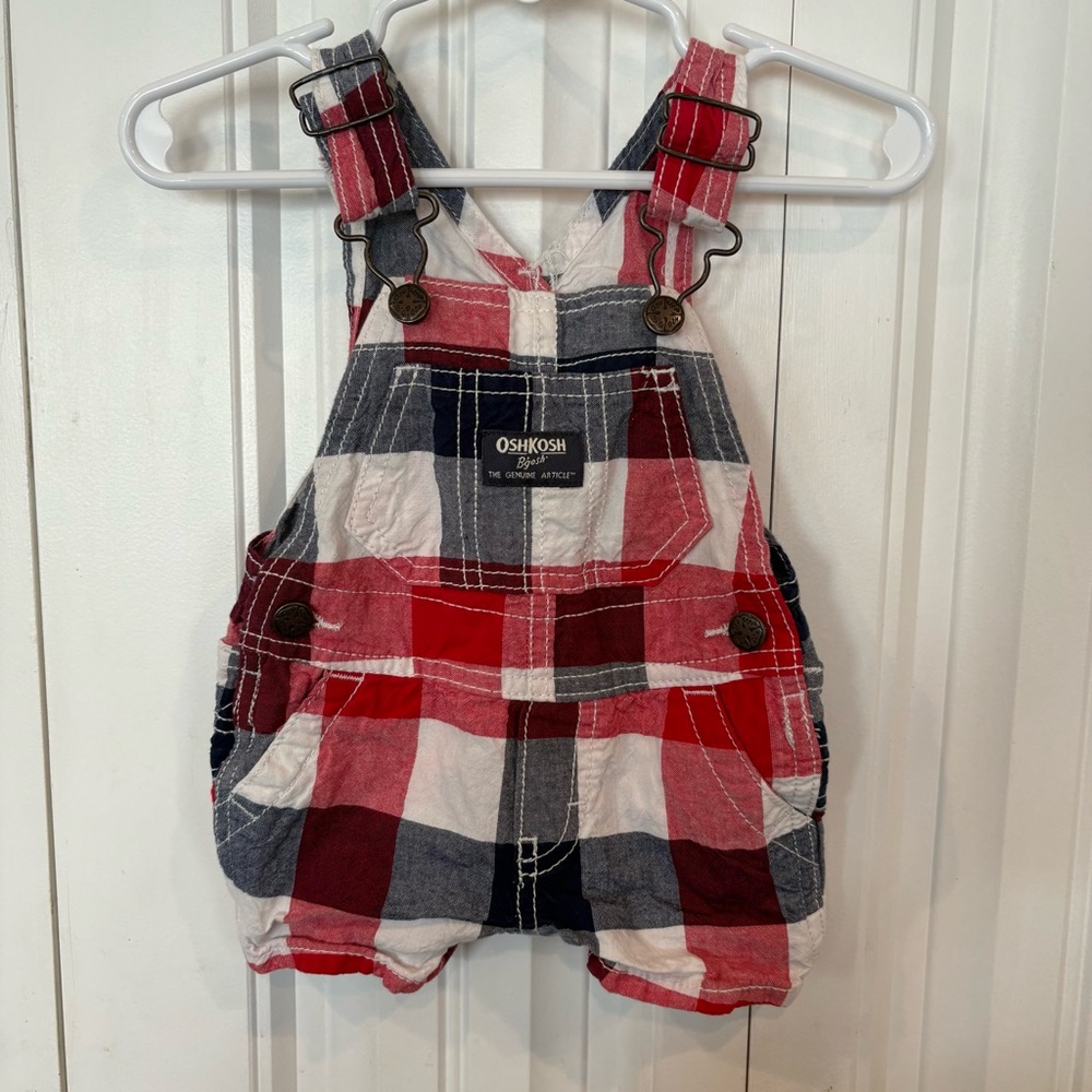 Osh Kosh Red White And Blue Plaid Short Overalls Size‎ 3 Months